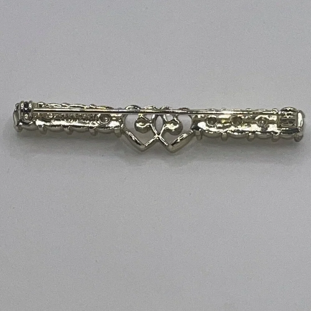 VTG 60s SARAH COVENTRY Bar Brooch Pin Faux Pearl Hearts AB Rhinestones Gold Tone